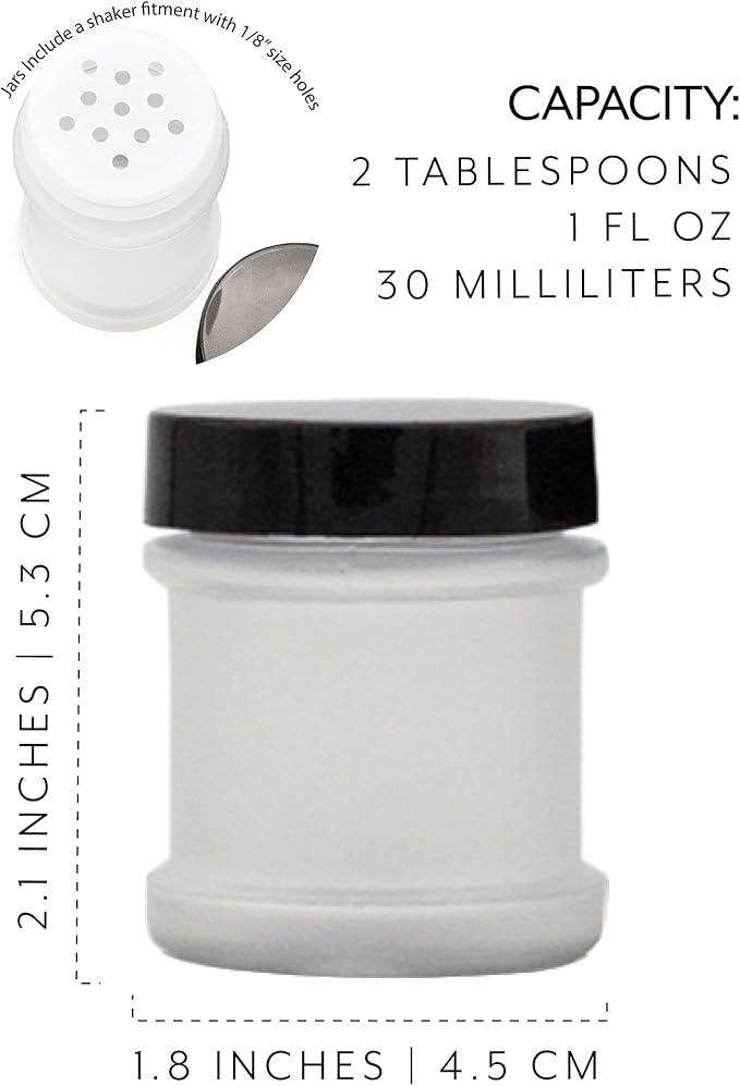 Cornucopia Brands Mini Plastic Spice Jars w/Sifters (12-Pack, Black); 2 Tablespoon Capacity (1 Fluid Ounce) Spice Bottles for Travel, Glitter, Gifts, Favors