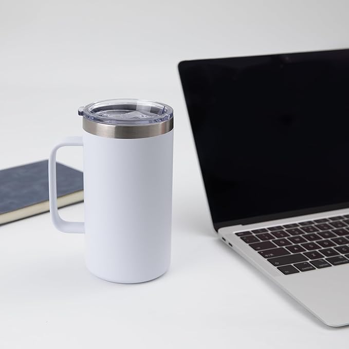 DOMICARE 24oz Mug with Handle and Lid, Stainless Steel Coffee Mug, Travel Mug with Handle, Double Wall Vacuum Coffee Tumbler, Reusable Insulated Cup, White, Pack 8