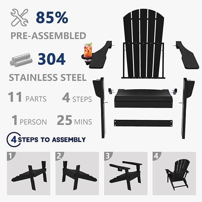 Folding Adirondack Chair Set of 4, Cup Holder，Wooden Textured ，Heavy All-Weather HDPE Comfortable Set Poolside Backyard Lawn Black