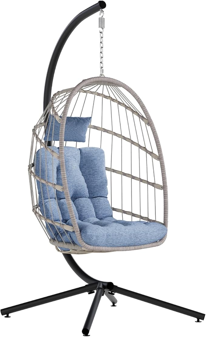 SWITTE Egg Chair Outdoor with Stand, Indoor Wicker Hanging Egg Swing Chair with Cushion, 350lbs Capacity for Patio, Bedroom, Garden - Light Blue
