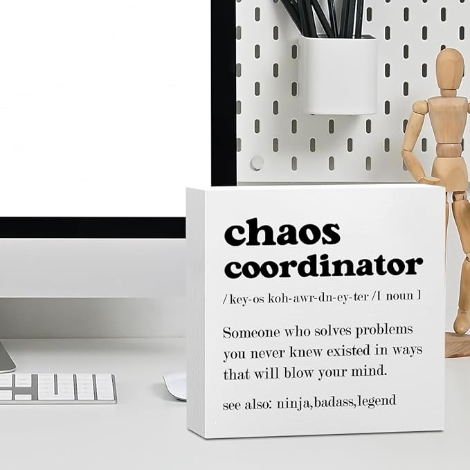 Funny Chaos Coordinator Office Supplies Rustic Desk Decor White Wooden Box Sign Thank You Gifts for Coworker Manager Boss Teacher Farmhouse Wood Plaque Cubicle Accessories Home Shelf Table Decorations