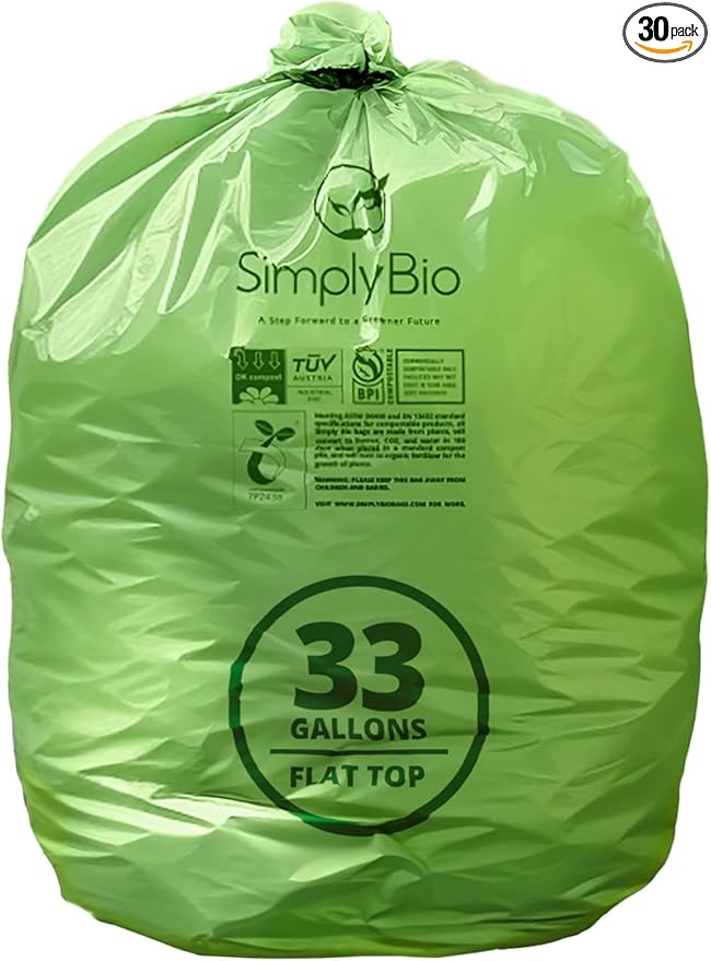 30-33 Gallon Compostable Trash Bags with Flat-Top, Heavy Duty Extra Thick 1.57 Mil, 124.92 Liter, 30 Bags, Large Lawn and Yard Waste Bag, ASTM D6400, US BPI and OK Compost Home Certified