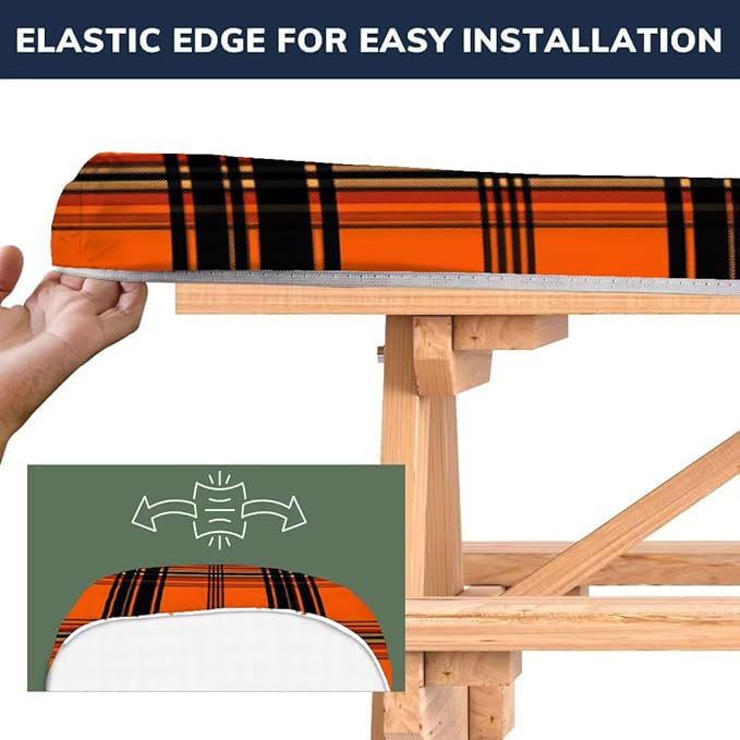 CAPSCEOLL Elastic Picnic Table Cover with Bench Covers 5Ft Waterproof Fitted Picnic Table Cover Cloths for Outdoors Camping Tablecloth with Drawstring Bag, 60X30in, Orange Plaid