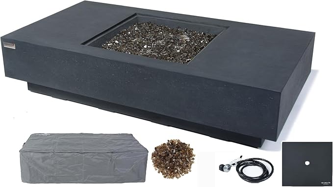 Elementi+ | Cannes Gas Fire Pit Cast Concrete 60" Rectangular Fire Table, Outdoor Fire Pit Electronic Ignition | Canvas Cover, Fire Glass and Burner Lid Included | Dark Gray | Propane Gas