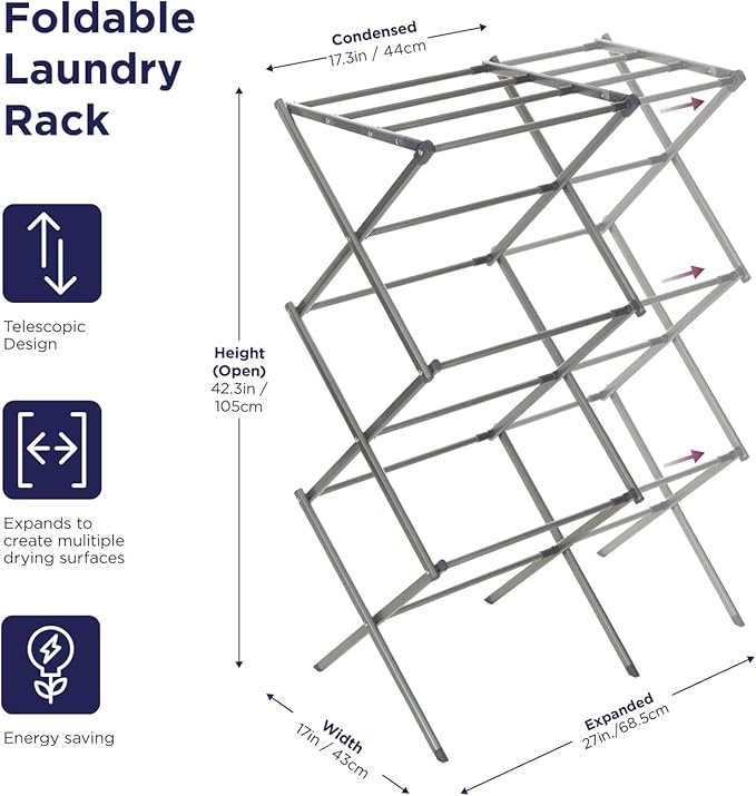 BLACK+DECKER 3 Tier Expandable Collapsing Foldable Laundry Rack for Air Drying Clothing, Space Saving Heavy Duty Lightweight Metal Drying Rack(Silver)