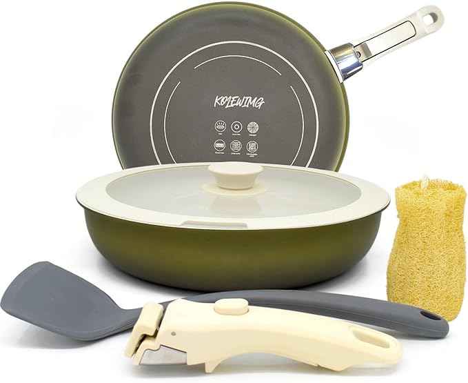 3-ply Stainless Steel Frying Pan with lid,With Titanium Ceramic Coating,Detachable Handle,Dishwasher and Induction&Oven Safe,Compatible All Cooktops,10 inch (10inch+lid+frying spatula+loofah)