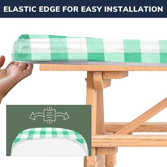 CAPSCEOLL Fitted Picnic Table Cover with Bench Covers with Elastic 8Ft Waterproof Camping Picnic Table Cover Cloths for Outdoors Camping Tablecloth with Drawstring Bag, 96X30in, Green Checkered