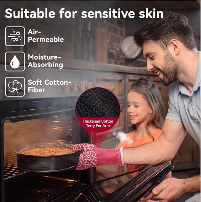 HandLove BBQ Gloves, Oven Gloves with Fingers – Heat Resistant Gloves for Grilling | Silicone Grip, Long Cuff Mitts - Kitchen & Outdoor Barbecue, Cooking, Baking, Pink S