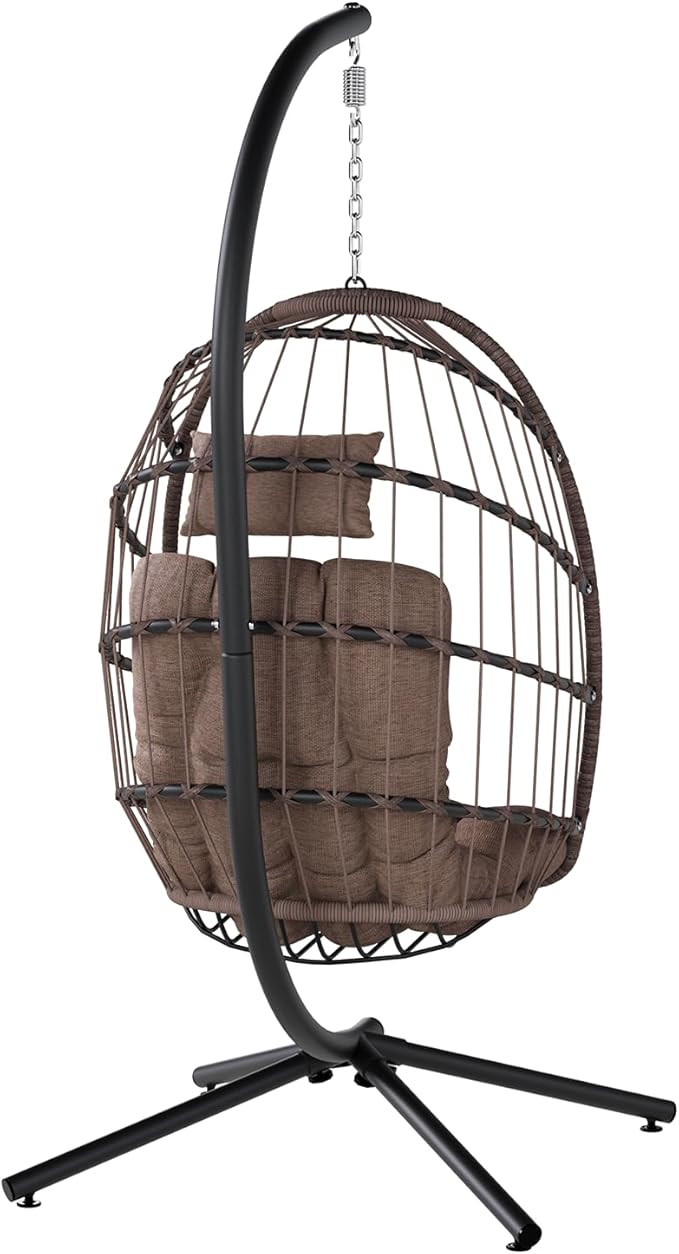 SWITTE Egg Chair Outdoor with Stand, Indoor Wicker Hanging Egg Swing Chair with Cushion, 350lbs Capacity for Patio, Bedroom, Garden - Brown