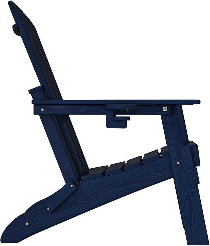 Folding Adirondack Chair, SGS Tested, Wooden Textured with Cup Holder, Heavy All-Weather HDPE Comfortable Set Poolside Backyard Lawn Navy Blue