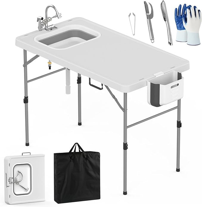 HLPB Fold in Half Folding Fish Cleaning Table with Sink, Foldable Protable Camping Sink Table with Drainage Hose & Fish Cleaning Kit, Fish Fillet Cutting Desk for Picnic Patio Backyard BBQ, White