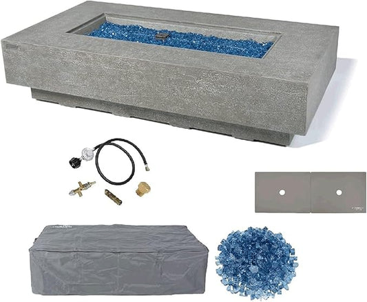 Elementi+ | Riviera Gas Fire Pit Cast Concrete 60" Rectangular Fire Table, Outdoor Fire Pit Electronic Ignition | Canvas Cover, Fire Glass and Burner Lid Included | Light Gray | Propane Gas
