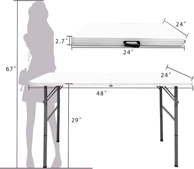 Gocamptoo Folding Table,4ft Indoor Outdoor Heavy Duty Portable Folding Square Plastic Dining Table w/Handle, Lock for Picnic, Party, Camping (4 FT) …