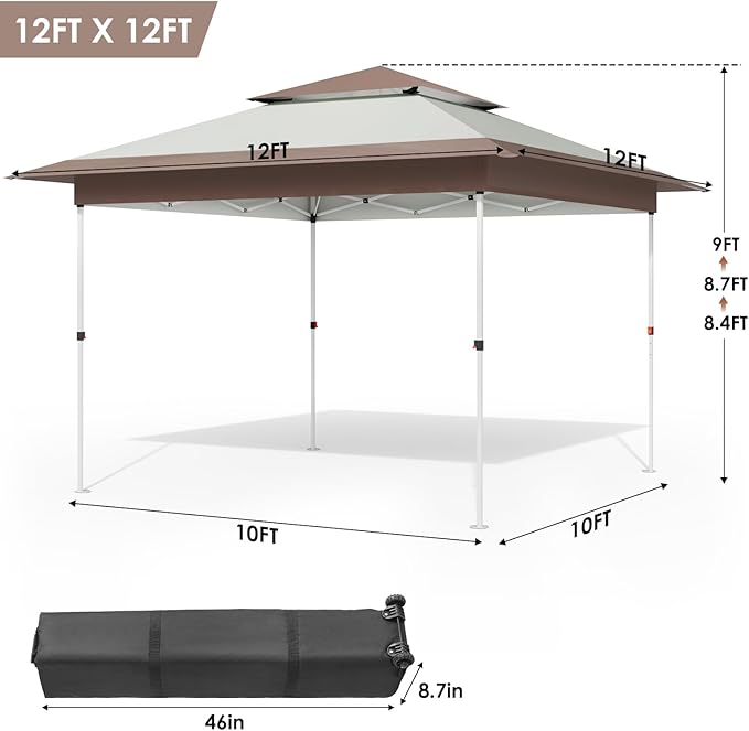 TLSUNNY 12X12 Pop Up Canopy Tent, Camping Shader W/Overhanging Eaves & Sand Bag, Outdoor Gazebo Shelter W/One Push Setup & Wheeled Bag, Height Adjustable, for Patio, Market, Party (Khaki, 12FTX12FT)