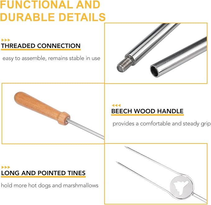 Heavy Duty Roasting Sticks for Hotdogs, Marshmallows and Smores, 32" Long Solid Stainless Steel Skewers for Campfire and Fire Pit, Dishwasher Safe