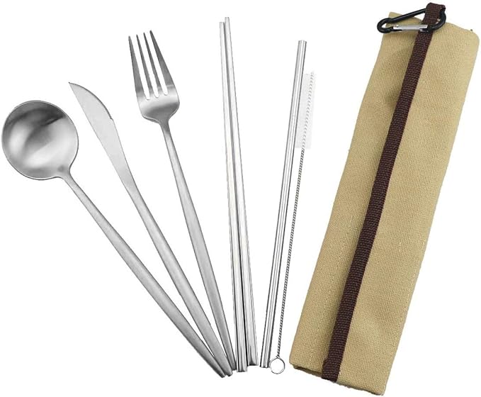 Gugrida Reusable Travel Utensils, 7 Pieces Portable 18/10 Stainless Steel include Knife Fork Spoon Chopsticks Cleaning Brush Straws Portable Pouch, Eco-friendly Camping Silverware Set, Dishwasher Safe