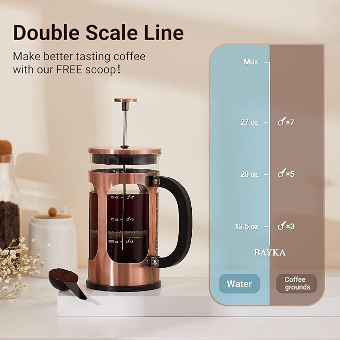 BAYKA 34oz 1 Liter French Press Coffee Maker,Mothers Day Gifts for Mom,Coffee Lover Gift,Heat Resistant Thickened Borosilicate Glass Stainless Steel Brewer,Cold Brew Cafetera Teapot for Kitchen,Copper