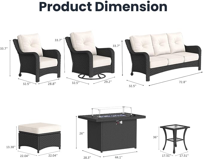 10 Pieces Outdoor Patio Furniture Sets with Rocking Swivel Chairs with 6-inch Thick Cushion and Fire Pit Table for Deck Lawn