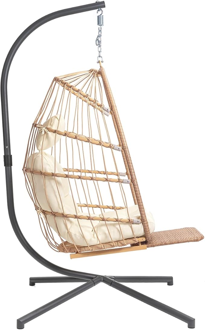Yechen Hanging Egg Chair with Stand and Footrest for Indoor Outdoor, Foldable Wicker Rattan Patio Egg Swing Chairs Hammock Egg Chair with UV Resistant Cushion for Bedroom Porch, 350 Lbs Capacity