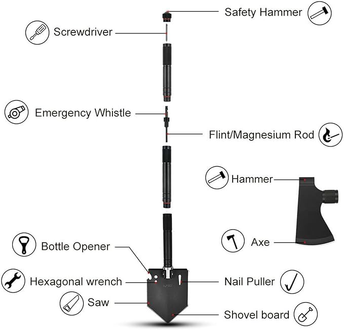 iunio Camping Shovel,Shovel Folding, Portable, Multitool, Foldable Entrenching Tool, Collapsible Spade, for Backpacking, Trenching, Hiking, Survival, Car Emergency