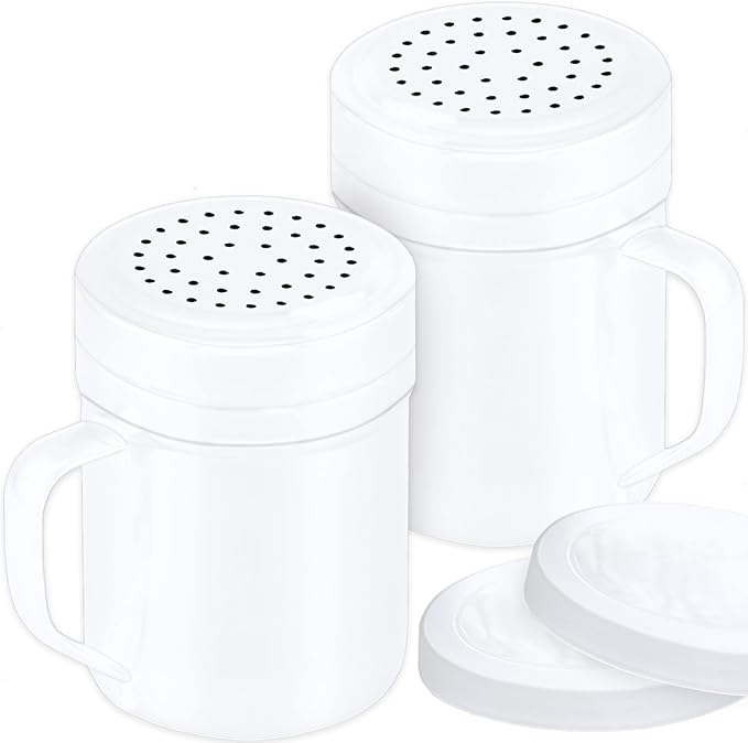 CUSINIUM 10oz White Stainless Steel Salt Pepper Dredge Shakers - With Plastic Cap - With Handle - Pack of 2