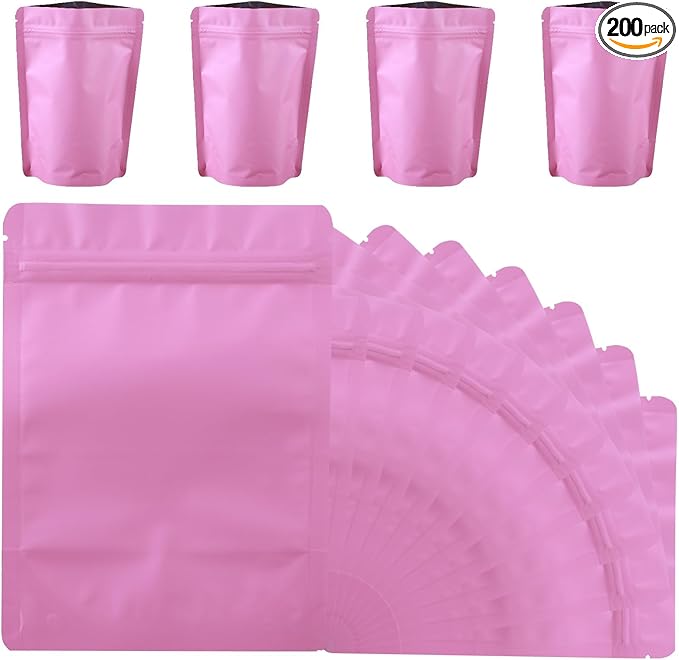 200 Pcs Mylar Bags for Food Storage 4x6 Smell Proof Bag Stand Up, Foil Resealable Bags for Food, Freeze Dried Candy Packaging Sealable Pouch Jewelry Bracelet Pouch for Small Business, Pink