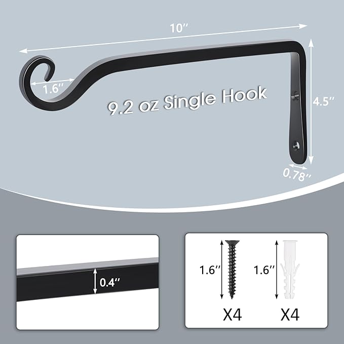 Gtongoko 2 Pack 10 Inch Plant Hangers Outdoor Metal, Plant Hooks for Wall Indoor, Outdoor Hooks for Hanging Bird Feeders, Plant Bracket, Lanterns, Wind Chinme, Black