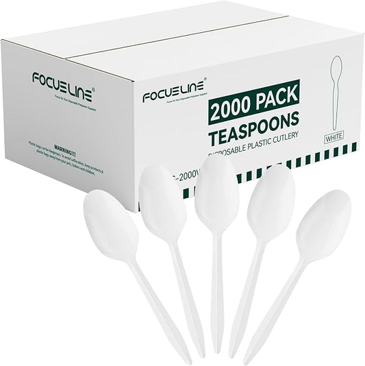 FOCUSLINE 2000 Pack White Plastic Spoons Bulk, Heat Resistant Disposable Teaspoons, Plastic Silverware for Take out Restaurants, Parties, Picnics, Travel & Any Events
