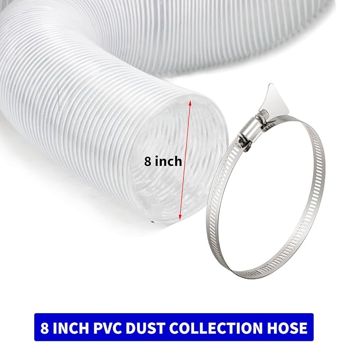 JUYO VONSAN 8 inch Dust Collection Hose 10ft Heavy Duty Flexible PVC Dust Collector Hose With Clamps (PVC, 8IN-10FT)