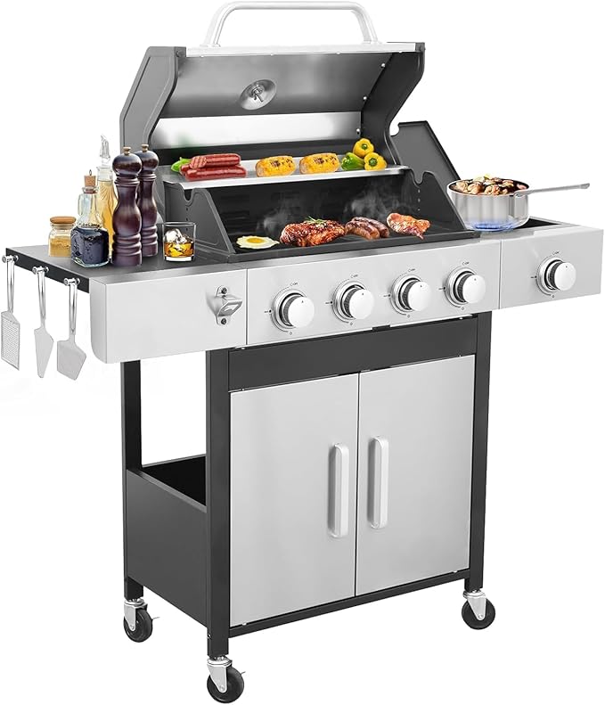 4 Burner Gas Grill with Side Burner, Dual-sided Frying Pan, Built-in Thermometer, Wheels, Side Table, Stainless Steel Burner, 47,000 BTU Outdoor Grill for Patio, Garden, Balcony