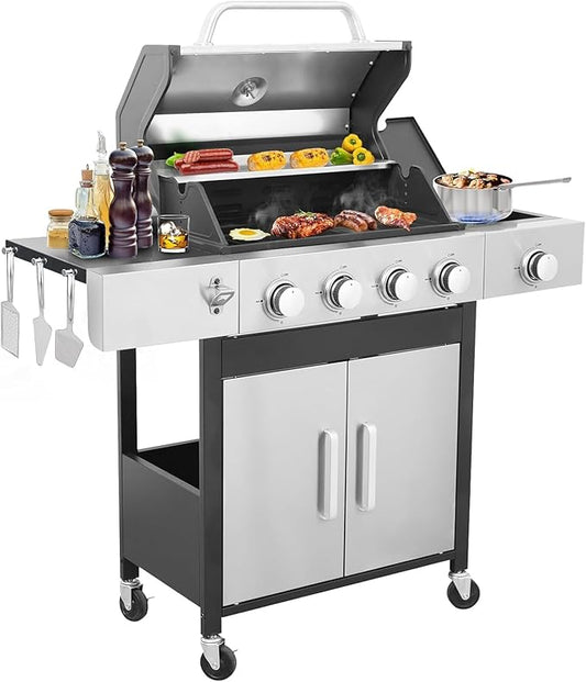 4 Burner Gas Grill with Side Burner, Dual-sided Frying Pan, Built-in Thermometer, Wheels, Side Table, Stainless Steel Burner, 47,000 BTU Outdoor Grill for Patio, Garden, Balcony