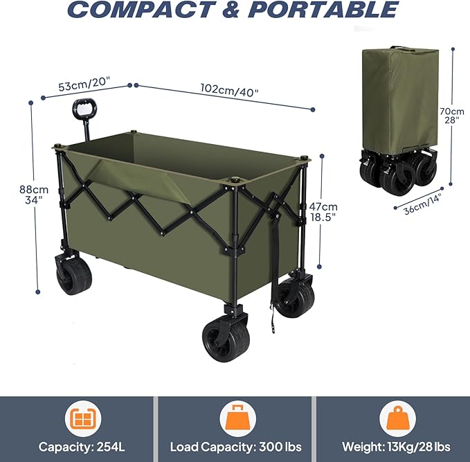 Chihee Garden Cart Collapsible Outdoor Utility Wagon Cart,Folding Beach Cart Oversized Capacity 254L,Heavy Duty Portable Wagon All Terrain Wheels Oversized Side Pocket 2 Drink Holders for Camping