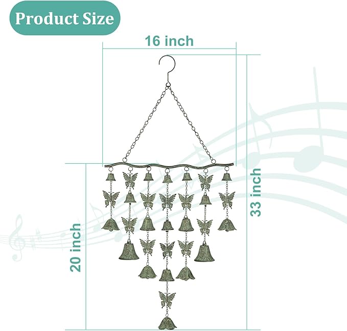 Butterfly Wind Chimes for Outside, Large Strung Verdigris Windchimes with Wrought Iron Bell for Garden, Patio, Porch Outdoor Decor, Memorial Sympathy