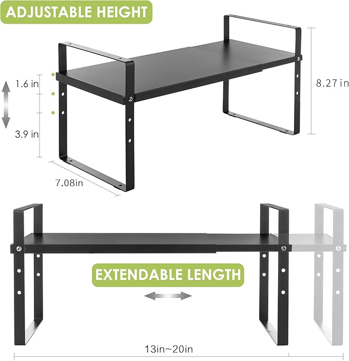 Expandable Cabinet Shelf Organizer Rack, Stackable Kitchen Counter Storage Shelves Stand, Adjustable Height Pantry Shelf Spice Rack (Black, 1 Pack)