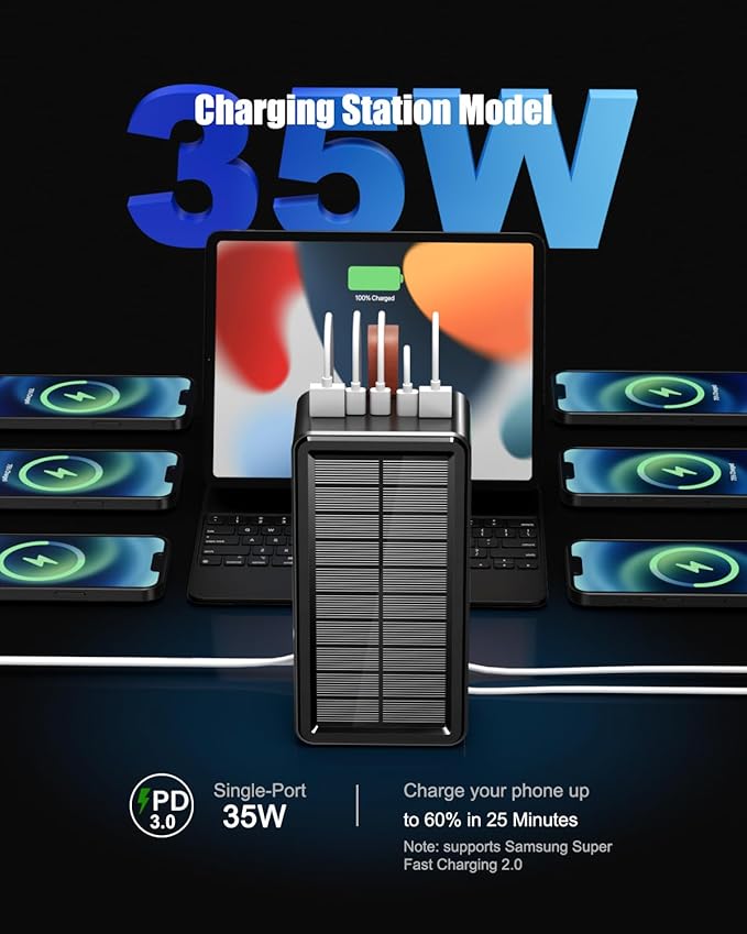 90000mAh Power Bank 35W Fast Charging with Solar Charger - High Capacity Wireless Charger Power Bank for Camping, Travel, Emergencies, Tech Devices | 7-Port PD/USB-C, LED Flashlight