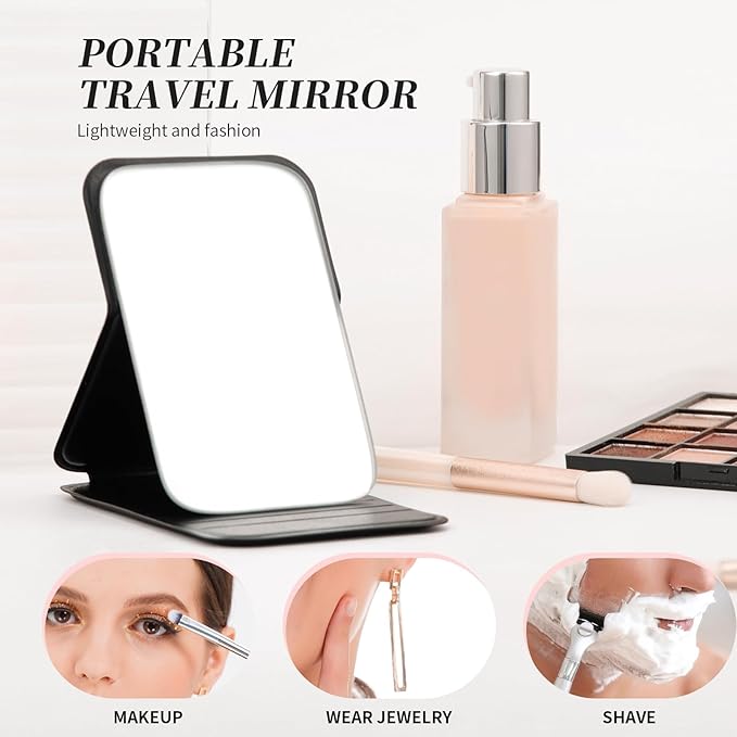 DUcare Mini Folding Mirror Portable Travel PU Portable Adjustable Rectangular Ultrathin Vanity Mirror with Stand, for Travel, Camping,Home
