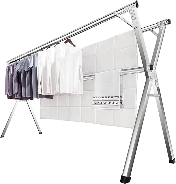 JAUREE 63 Inches Clothes Drying Rack, Drying Rack Clothing Folding Indoor Outdoor, Heavy Duty Stainless Steel Laundry Rack, Foldable Portable Large Clothes Rack Garment Rack with 20 Windproof Hooks