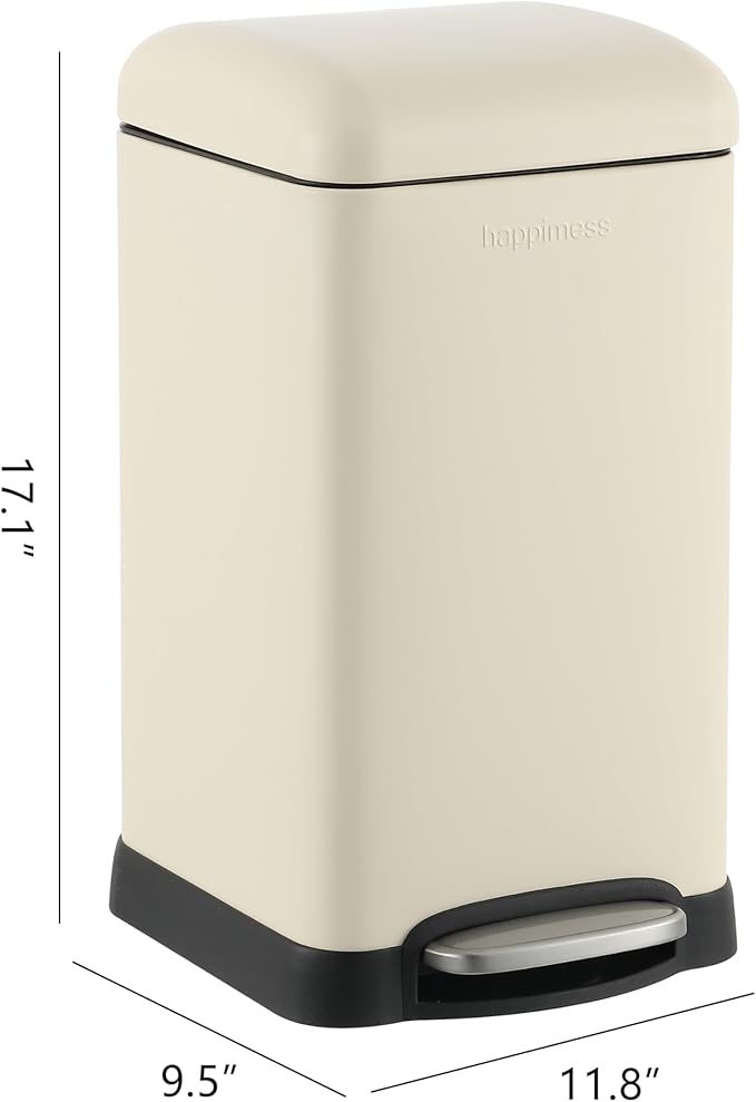 happimess HPM1012J Betty Retro Mini 3.2-Gallon Step-Open Trash Can, Fingerprint Resistant, Modern, Minimalistic for Home, Kitchen, Laundry Room, Office, Bedroom, Bathroom, Limestone Beige