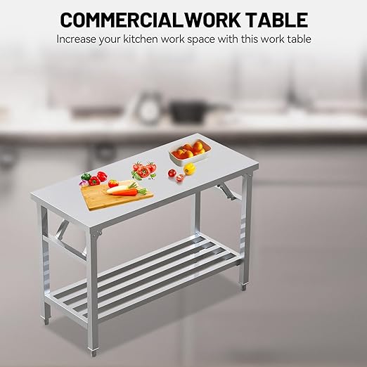 Folding Stainless Steel Table with Adjustable Table Corners and Lower Removable Shelf 20X45 Inches for Outdoor Camping, Maintenance Room, Storage, Kitchen (with undershelf)