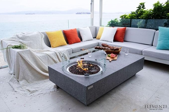 Elementi | Bundle Metropolis Gas Fire Pit Cast Concrete 56" Rectangular Fire Table, Outdoor Fire Pit Electronic Ignition | Canvas Cover, Lava Rock Included | Light Gray (Natural Gas)