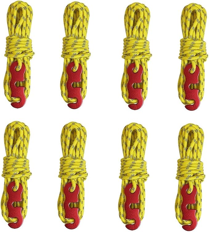 Tent Wind Ropes with Tensioners Cord Adjuster, 8pcs 13ft Reflective Rope for Camping, Hiking, Canopy Shelter, Outdoor Activity(Yellow)