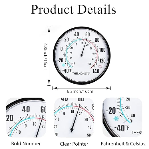 6.3'' Indoor Outdoor Thermometer, Outdoor Wall Thermometer No Battery Needed, Waterproof Outdoor Thermometers for Patio, Garden, Home