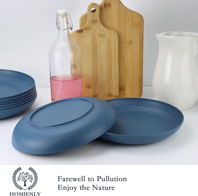 Homienly Wheat Straw Dinner Plates - Set of 8 Unbreakable Dishwasher and Microwave Safe Kids Plates (Blue) - 9 inch