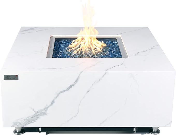 Elementi+ | Bianco Gas Fire Pit | Marble Porcelain & Metal Frame | 40" Square Fire Table | Electronic Ignition | Canvas Cover, Fire Glass & Burner Lid Included | White | Natural Gas