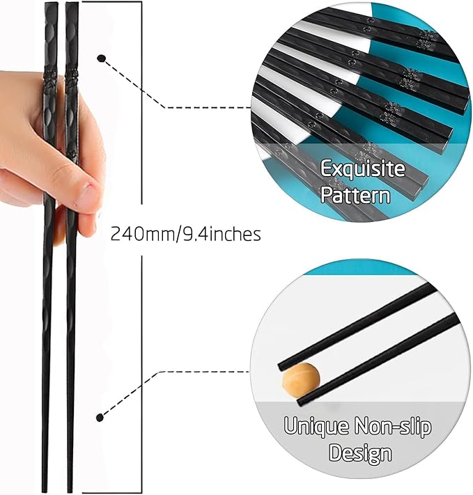 200 Pairs Bauhinia Fiberglass Sushi 24cm/9.4 Inch Dishwasher Safe Non-Slip Chopsticks,Japanese Style Black for Restaurant & Party.