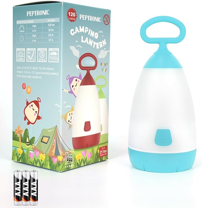 Kids Camping Lantern & Night Light Battery Powered (AAA Included), 360° Eye-Safe Light, IPX4 Waterproof with RGB Modes Portable for Outdoor, Emergency & Bedtime, Gift for Children (Blue)