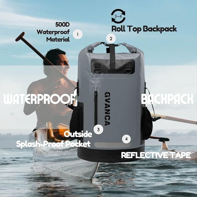 Waterproof Roll Top Kayak Dry Backpack, Floating Outdoor Dry Sack Boating Sailing Canoeing Rafting Fishing Camping 55L Grey