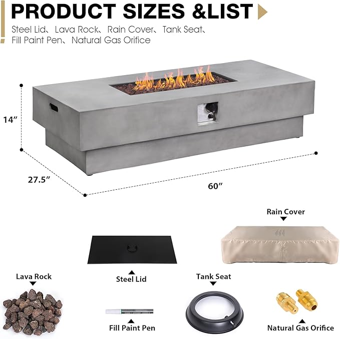 60" Rectangular Propane Fire Pit – 50,000 BTU Fire Pit with Rocks – Backyard Firepits Outdoor – Propane Gas Fireplace for Deck or Patio