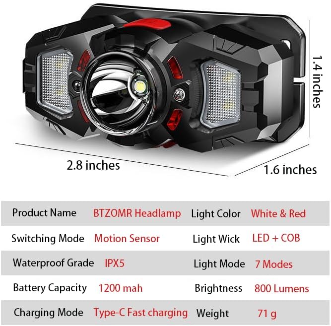Headlamp, White&Red LED Headlamp, 70° Up&Down Adjustable, 4 Clips, Motion Switch, 800 Lumens, 500 Feet Distance and 10 Hours Running Time MAX, IPX5 Waterproof, for Camping, Hiking, Fishing