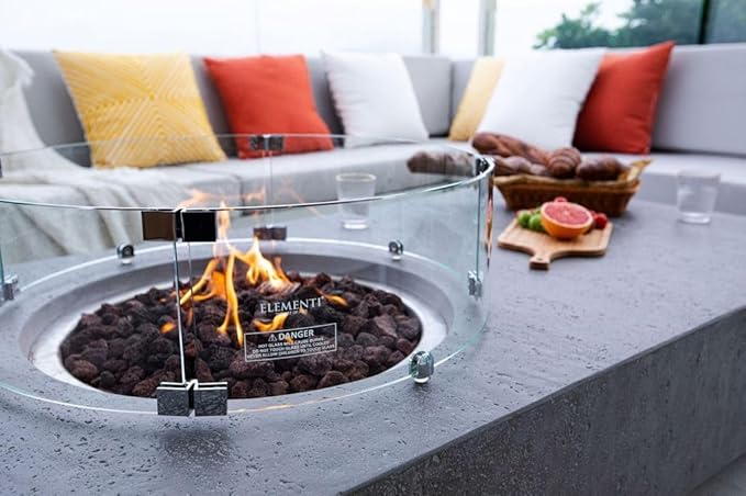 Elementi | Bundle Metropolis Gas Fire Pit Cast Concrete 56" Rectangular Fire Table, Outdoor Fire Pit Electronic Ignition | Canvas Cover, Lava Rock Included | Light Gray (Natural Gas)